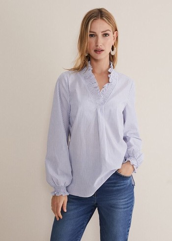 Phase Eight Izara Cotton Striped Ruffle Shirts Blue/White Australia | EV8932057